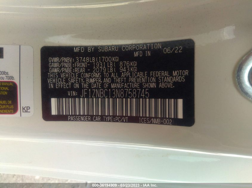 2022 TOYOTA GR86 JF1ZNBC13N8758745
