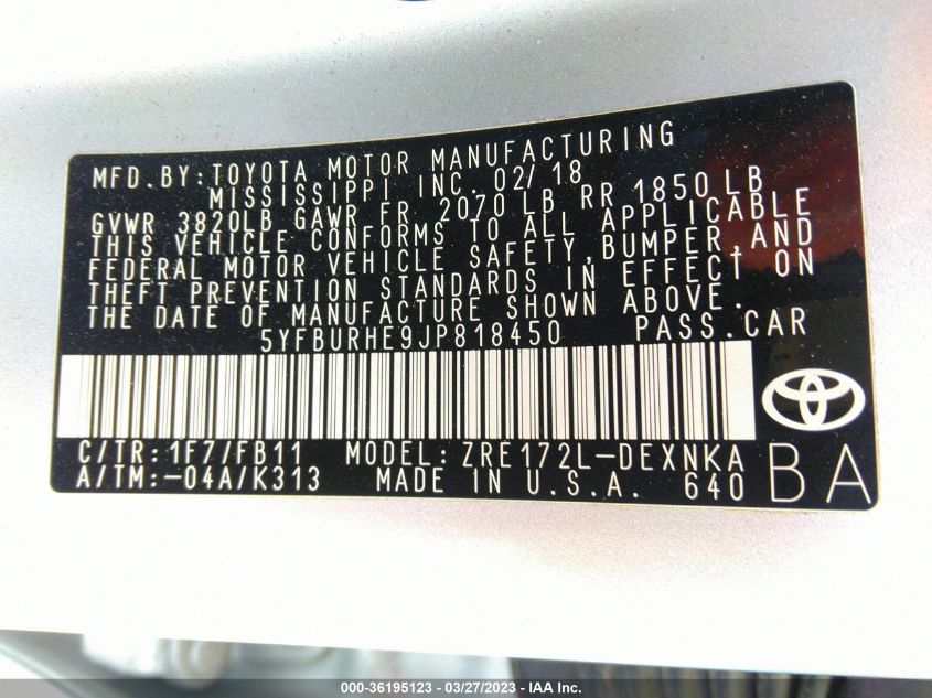 2018 TOYOTA COROLLA L/LE/XLE/SE/XSE - 5YFBURHE9JP818450