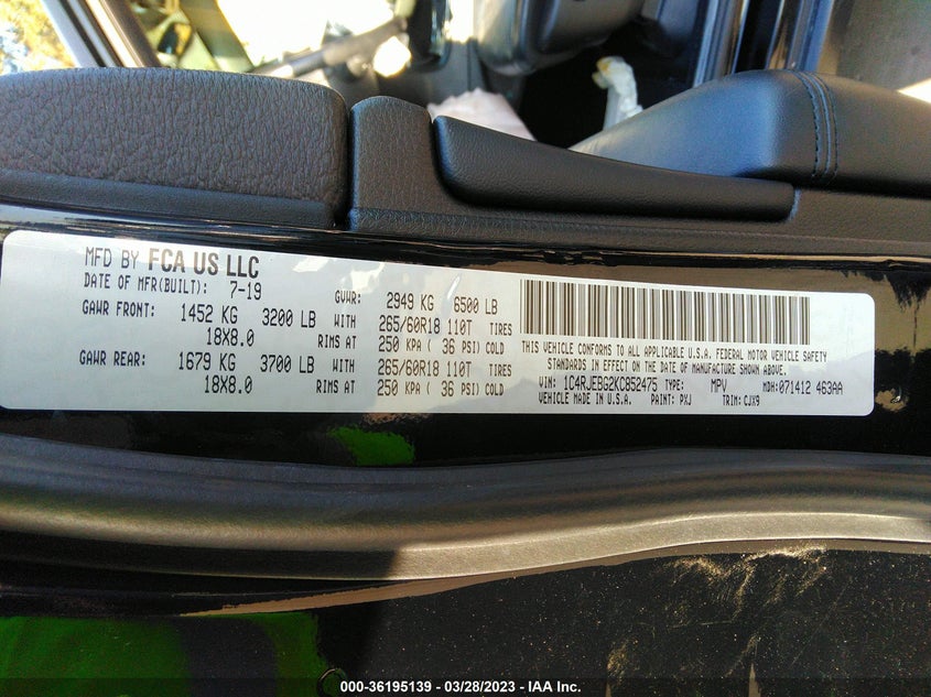 VIN 1C4RJEBG2KC852475 2019 JEEP GRAND CHEROKEE LIMITED