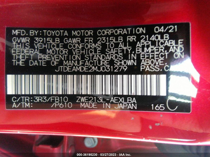 2021 TOYOTA COROLLA HYBRID LE - JTDEAMDE2MJ031279