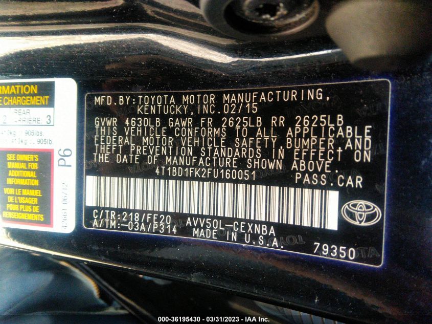 2015 TOYOTA CAMRY HYBRID LE/XLE/SE - 4T1BD1FK2FU160051