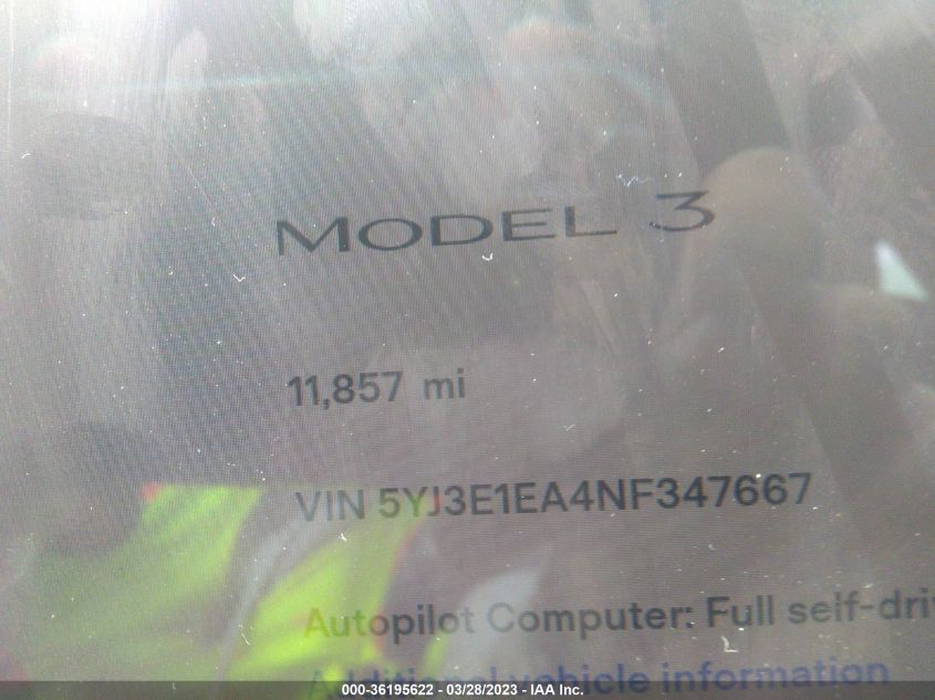 2022 TESLA MODEL 3 - 5YJ3E1EA4NF347667