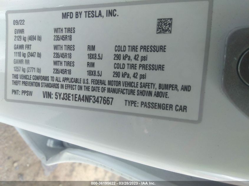 2022 TESLA MODEL 3 - 5YJ3E1EA4NF347667