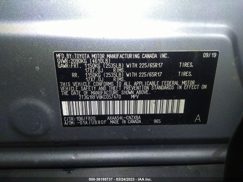 2019 TOYOTA RAV4 LE - 2T3G1RFV8KC057470