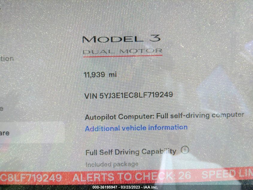 2020 TESLA MODEL 3 PERFORMANCE - 5YJ3E1EC8LF719249