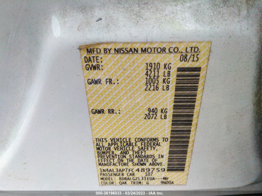 2015 NISSAN ALTIMA 2.5 S - 1N4AL3AP7FC489759