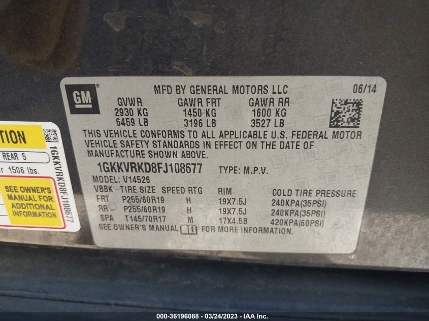 2015 GMC ACADIA SLT - 1GKKVRKD8FJ108677