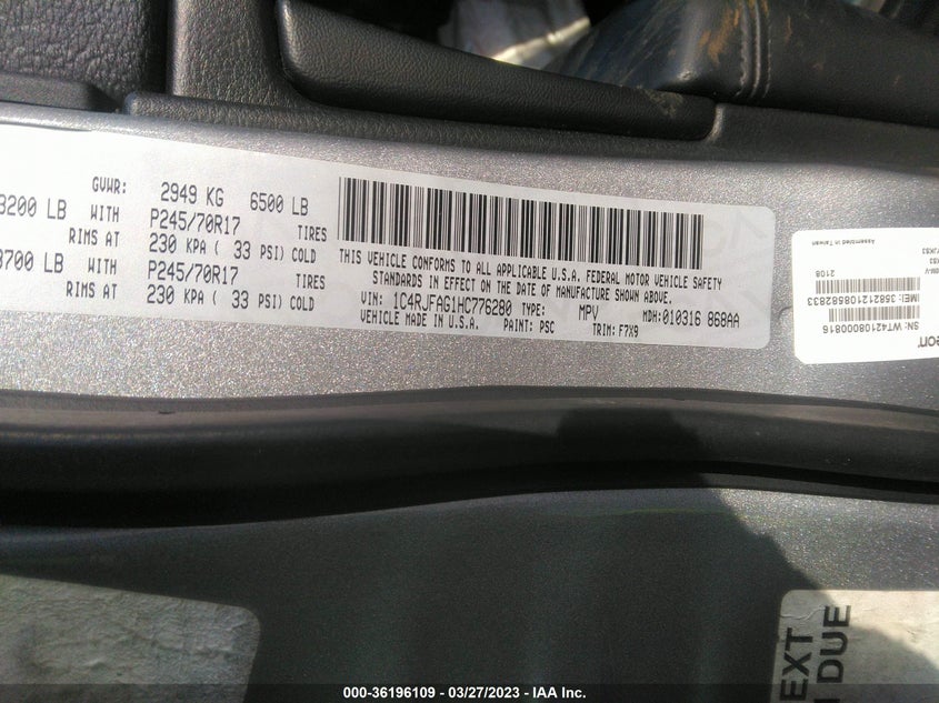 VIN 1C4RJFAG1HC776280 2017 JEEP GRAND CHEROKEE LAREDO