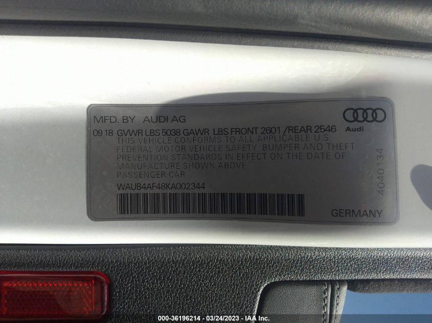 2019 AUDI S4 PREMIUM PLUS - WAUB4AF48KA002344