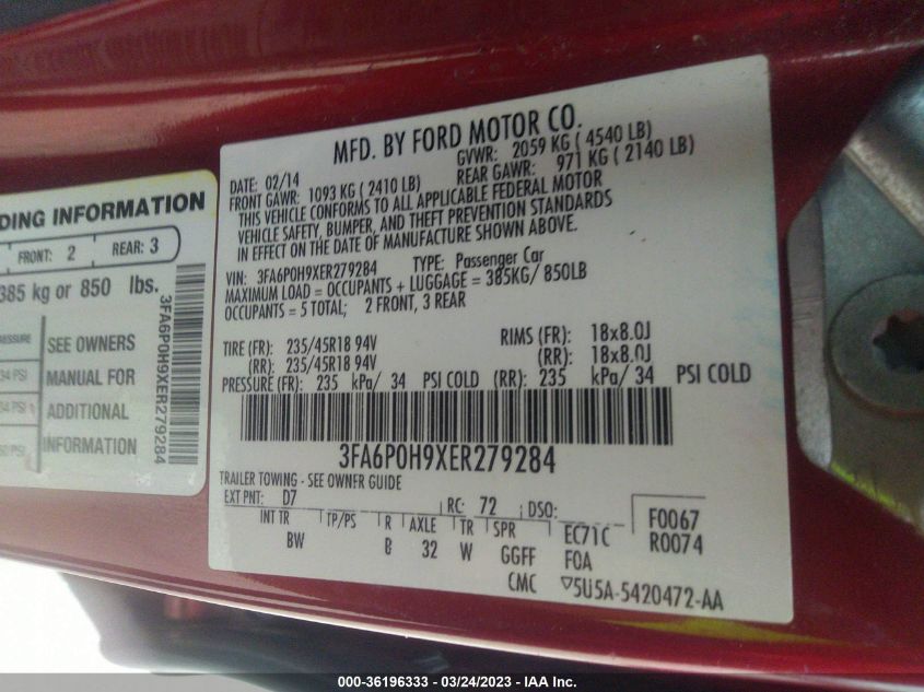 2014 FORD FUSION SE - 3FA6P0H9XER279284