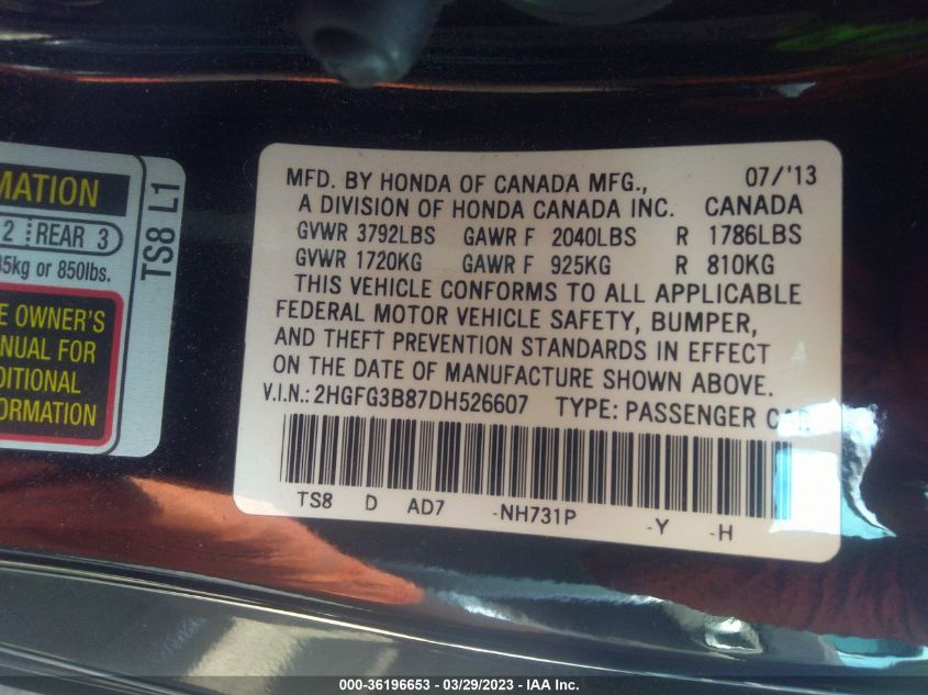 2013 HONDA CIVIC EX - 2HGFG3B87DH526607