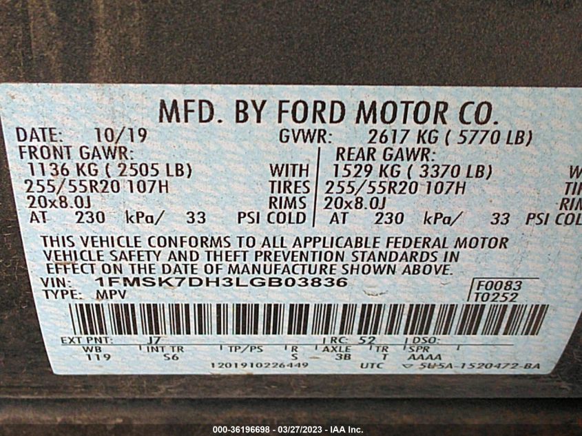 2020 FORD EXPLORER XLT - 1FMSK7DH3LGB03836