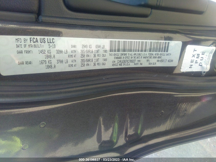 VIN 1C4RJEBG7KC789227 2019 JEEP GRAND CHEROKEE LIMITED