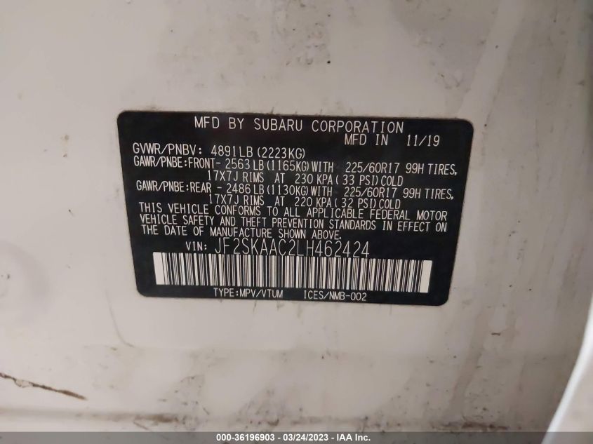 2020 SUBARU FORESTER - JF2SKAAC2LH462424