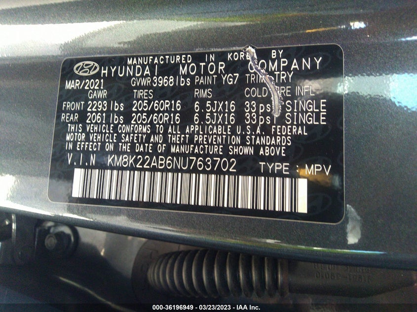 VIN KM8K22AB6NU763702 2022 HYUNDAI KONA SE