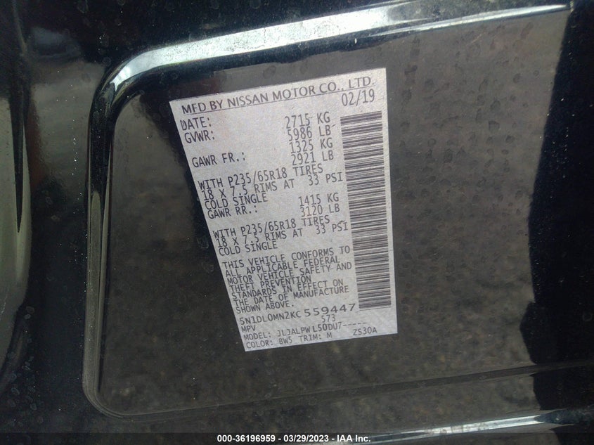 VIN 5N1DL0MN2KC559447 2019 INFINITI QX60 PURE