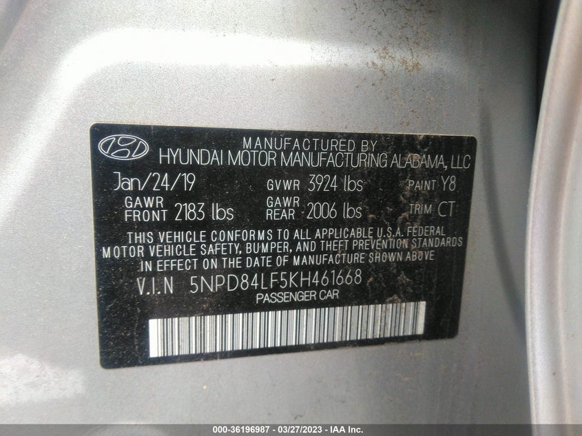 VIN 5NPD84LF5KH461668 2019 HYUNDAI ELANTRA SEL