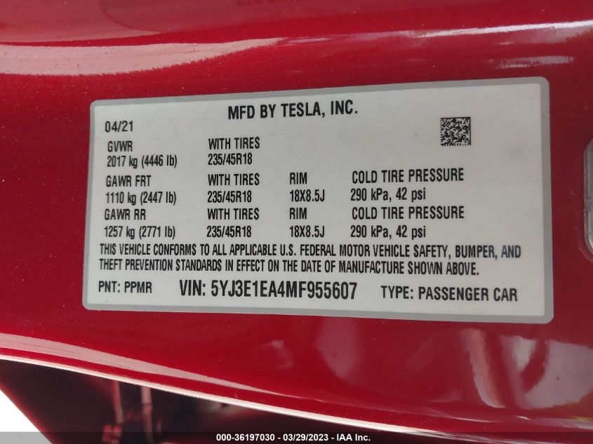 2021 TESLA MODEL 3 STANDARD RANGE PLUS - 5YJ3E1EA4MF955607