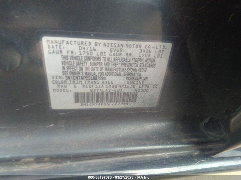 2016 NISSAN VERSA S PLUS - 3N1CN7AP0GL887294