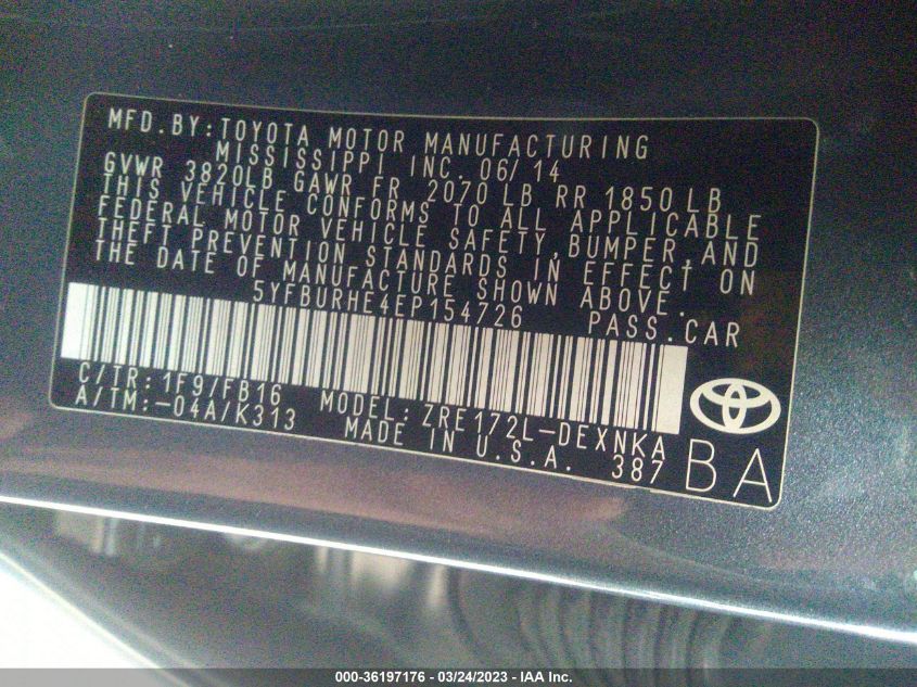 2014 TOYOTA COROLLA L/LE/S/S PLUS/LE PLUS - 5YFBURHE4EP154726