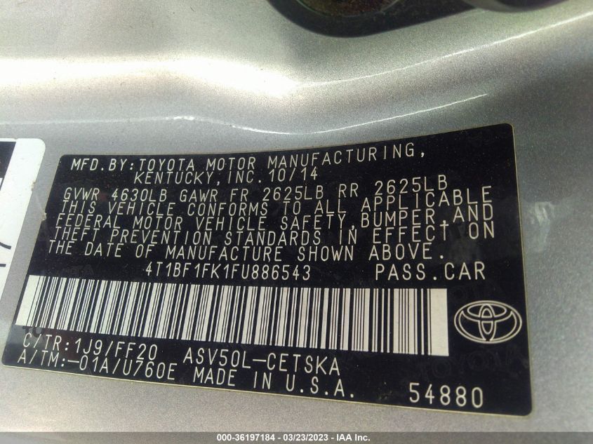 2015 TOYOTA CAMRY XLE/SE/LE/XSE - 4T1BF1FK1FU886543