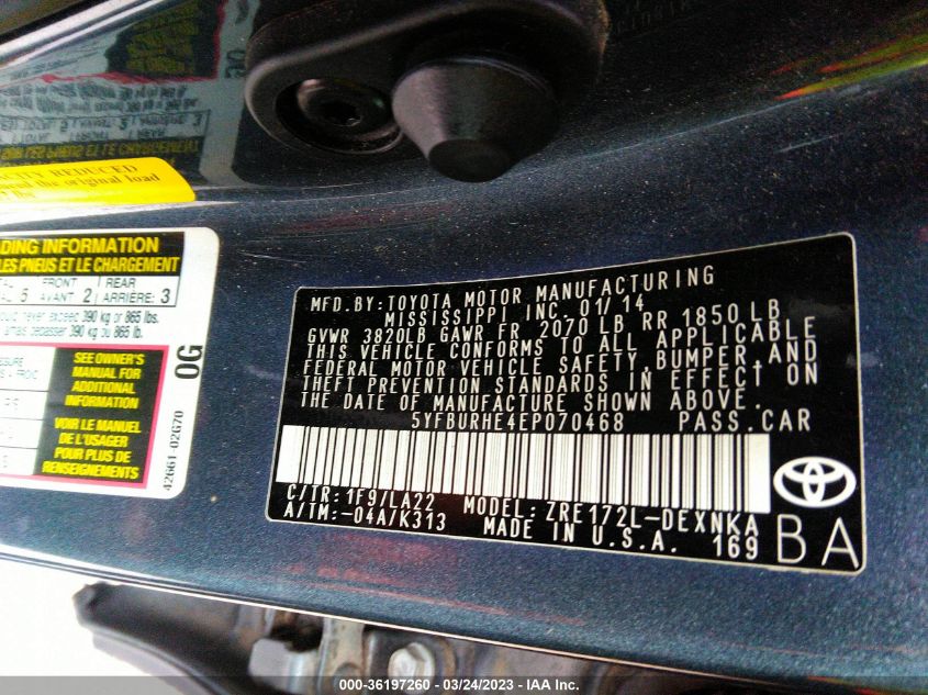 2014 TOYOTA COROLLA L/LE/S/S PLUS/LE PLUS - 5YFBURHE4EP070468