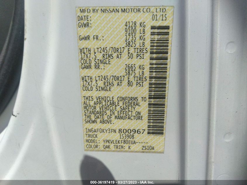 2015 NISSAN NV SV 1N6AF0KY3FN800967