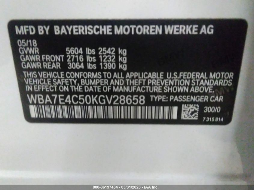 2019 BMW 7 SERIES 740I XDRIVE - WBA7E4C50KGV28658