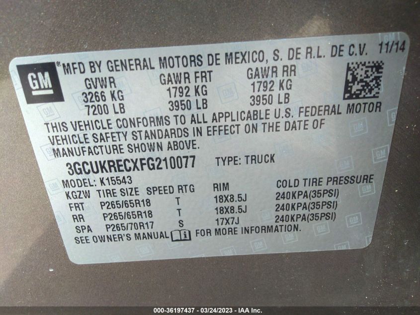 2015 CHEVROLET SILVERADO 1500 LT - 3GCUKRECXFG210077