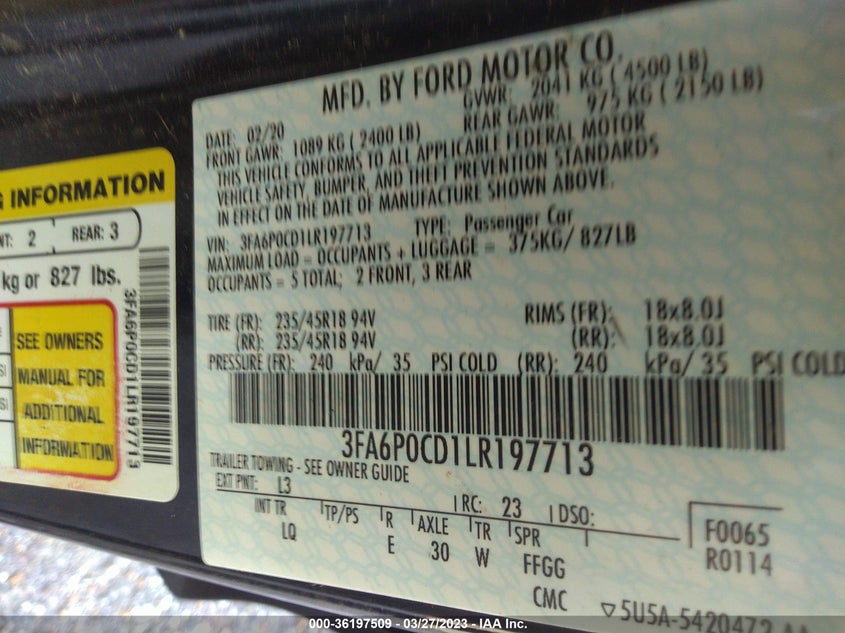 VIN 3FA6P0CD1LR197713 2020 FORD FUSION SEL