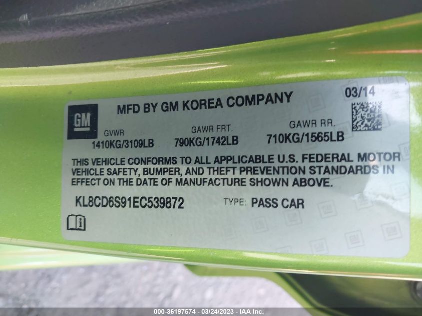 2014 CHEVROLET SPARK LT - KL8CD6S91EC539872