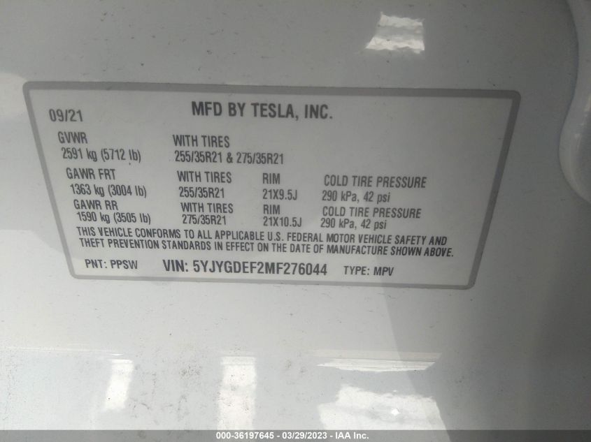 2021 TESLA MODEL Y PERFORMANCE - 5YJYGDEF2MF276044