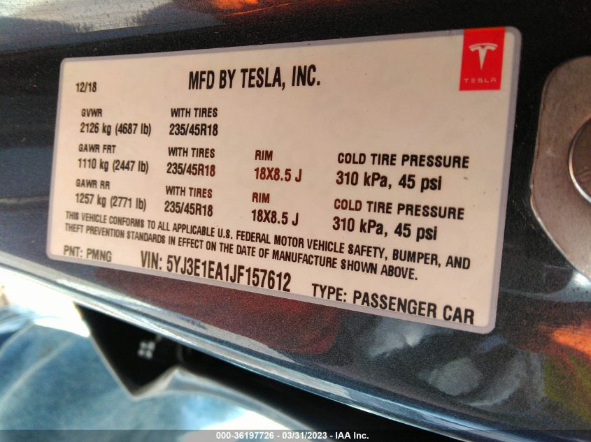 2018 TESLA MODEL 3 RANGE BATTERY - 5YJ3E1EA1JF157612