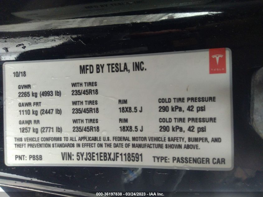 2018 TESLA MODEL 3 LONG RANGE - 5YJ3E1EBXJF118591