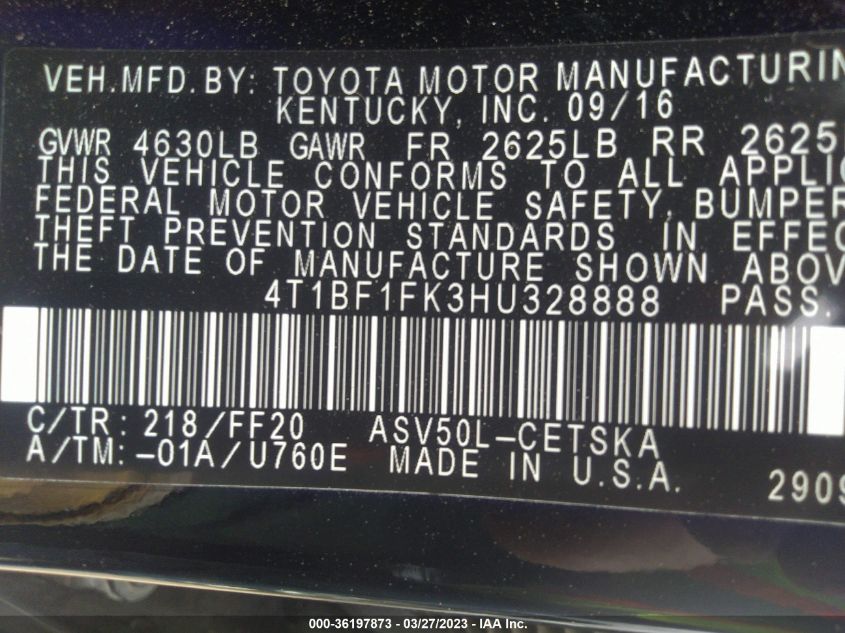 2017 TOYOTA CAMRY XLE/SE/LE/XSE - 4T1BF1FK3HU328888