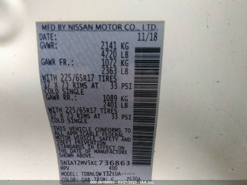 2019 NISSAN ROGUE SV - 5N1AT2MV5KC736863