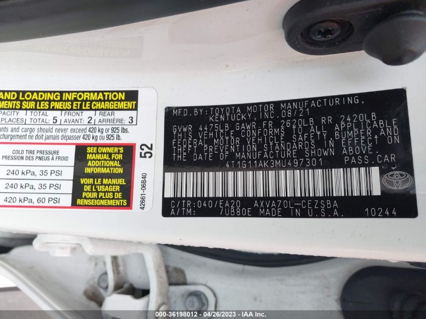 2021 TOYOTA CAMRY SE - 4T1G11AK3MU497301