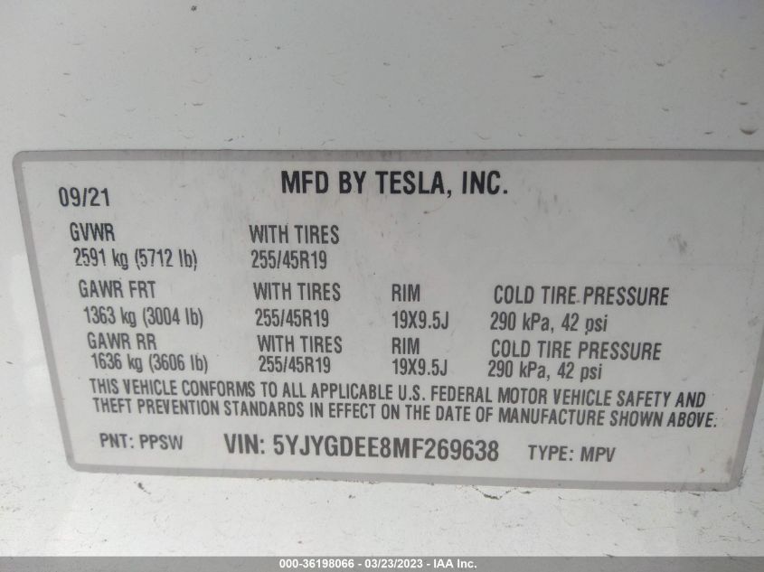 2021 TESLA MODEL Y LONG RANGE - 5YJYGDEE8MF269638