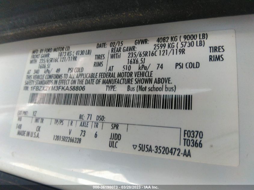 2015 FORD TRANSIT WAGON XL/XLT 1FBZX2YM3FKA58806