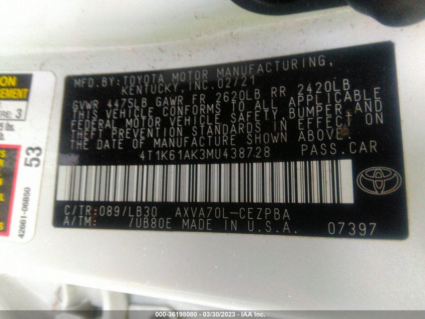 2021 TOYOTA CAMRY XSE - 4T1K61AK3MU438728