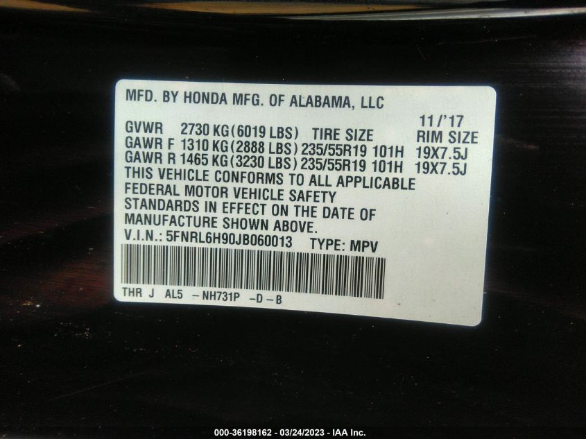 2018 HONDA ODYSSEY ELITE - 5FNRL6H90JB060013