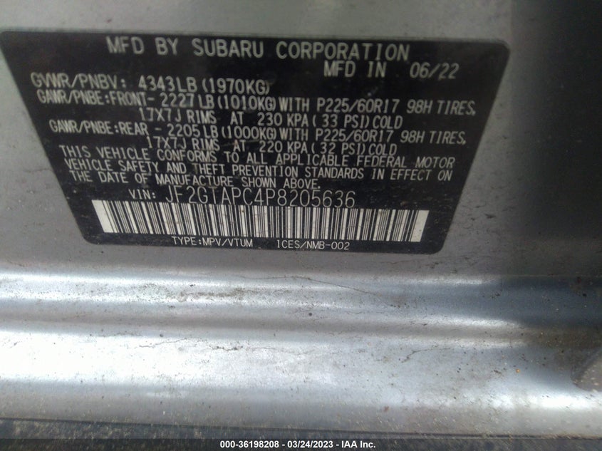 VIN JF2GTAPC4P8205636 2023 SUBARU CROSSTREK PREMIUM