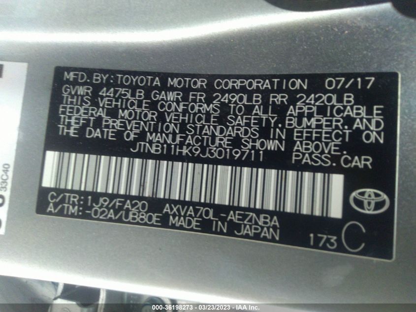 2018 TOYOTA CAMRY LE/SE/XLE/L - JTNB11HK9J3019711