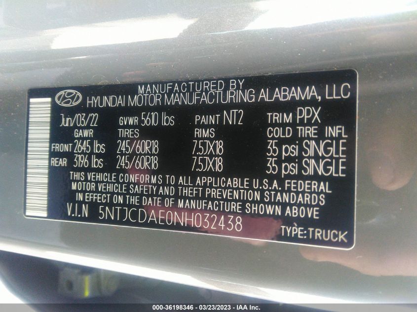 2022 HYUNDAI SANTA CRUZ SEL 5NTJCDAE0NH032438