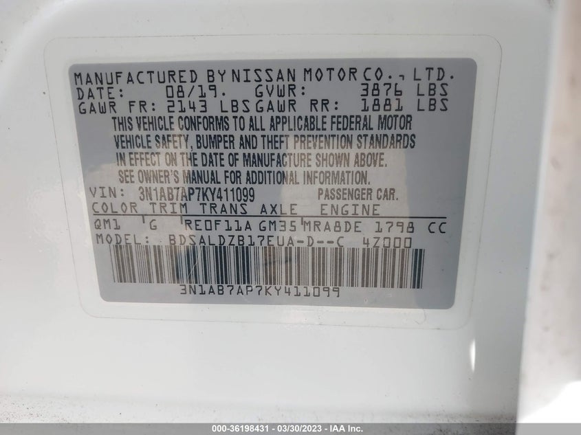 VIN 3N1AB7AP7KY411099 2019 NISSAN SENTRA SV