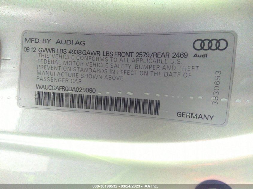 2013 AUDI S5 PREMIUM PLUS WAUCGAFR0DA029080