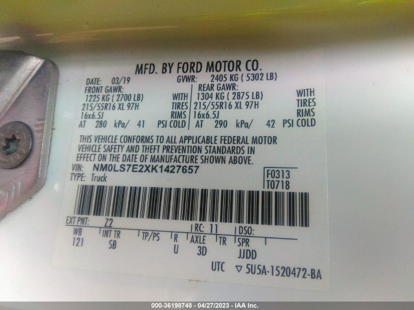 2019 FORD TRANSIT CONNECT VAN XL - NM0LS7E2XK1427657