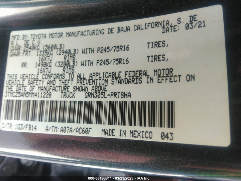 VIN 3TMCZ5AN5MM411228 2021 TOYOTA TACOMA 4WD SR/SR5/TRD SPORT