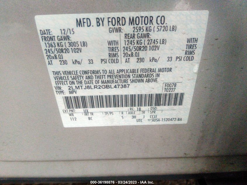 2016 LINCOLN MKX RESERVE - 2LMTJ8LR2GBL47387