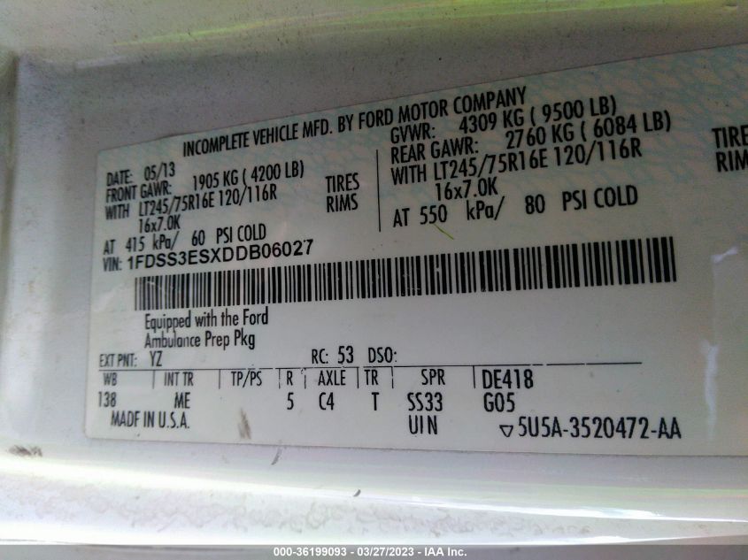2013 FORD ECONOLINE CARGO VAN COMMERCIAL/RECREATIONAL 1FDSS3ESXDDB06027